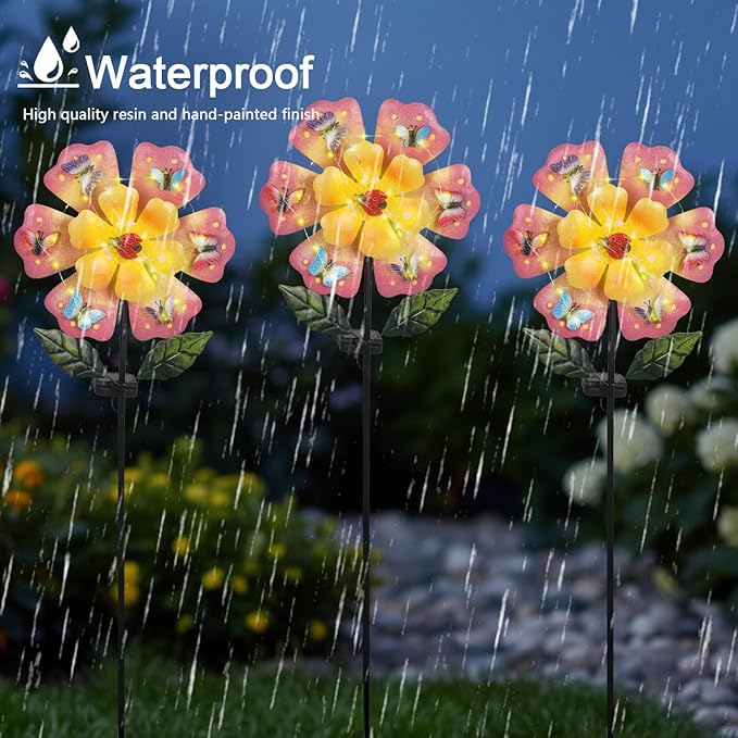 Giant Flower Garden Stakes Decorative with 50 String LED Lights and Butterflies, 46.7" Pink Solar Flowers Outdoor Waterproof for Yard Patio Lawn Decoration
