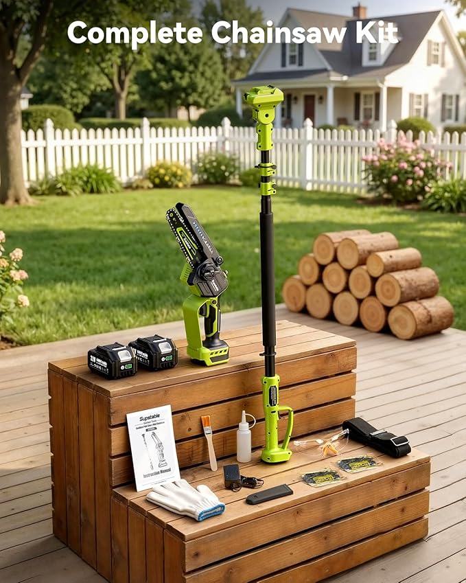Electric Pole Saw, 6-Inch Cordless Mini Chainsaw with Extension Pole, Extendable to 16 ft, 2x4.0Ah Batteries, Tool-Free Chain Tensiong, Electric Pole Chainsaw for Tree Trimming & Thick Branch Cutting