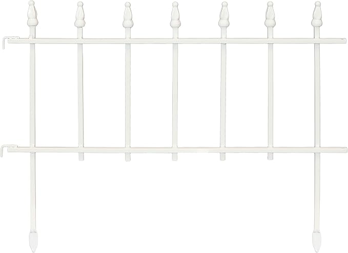 Sunnydaze Decorative Garden Fence Border - 22 in W x 18 in H No Dig Metal Edging for Flower Beds, Yard, Lawn, Pathways and Landscaping - Roman Finial Design - 9ft - 5 Panels - White