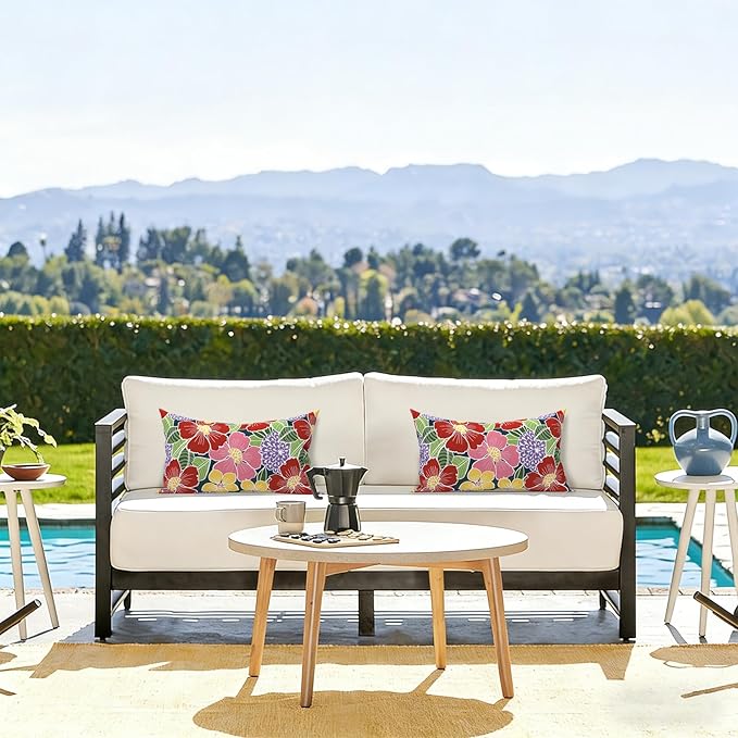 LVTXIII Set of 2 Patio Lumbar Pillows, 12" x 20" Fade Resistant Outdoor Lumbar Pillow with Inners, Fluffy Decorative Garden Lumbar Cushions for Home Patio Coach Sofa Use, Flower Bloom