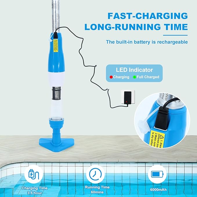 4 in 1 Cordless Rechargeable Small Pool Vacuum spa hot tub 90 Mins Running Time, 12 Gallons/Min Powerful Suction