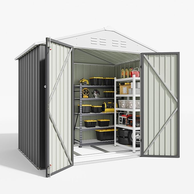 Patiowell 6x4 FT Outdoor Storage Shed with Floor Frame, Metal Garden Patio Sheds with Sloping Roof and Lockable Door, Waterproof Steel Tool Shed for Backyard Garden Lawn, Gray