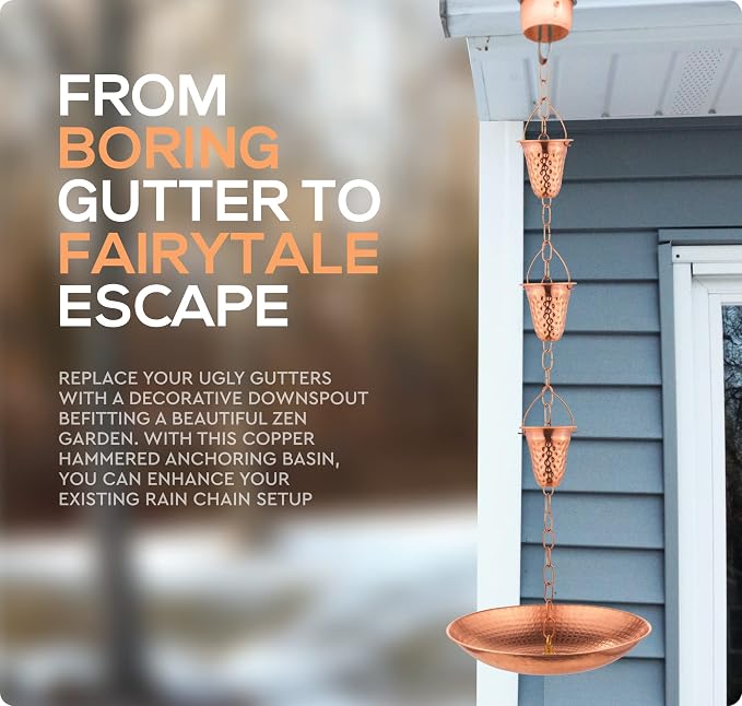 Copper Anchoring Basin – Hammered Metal Bowl for Rain Chain Downspout Gutters – Beautiful Decorative Fountain Dish Display for Outdoor Garden, Lawn & Patio Water Feature – 11” Wide x 2” High