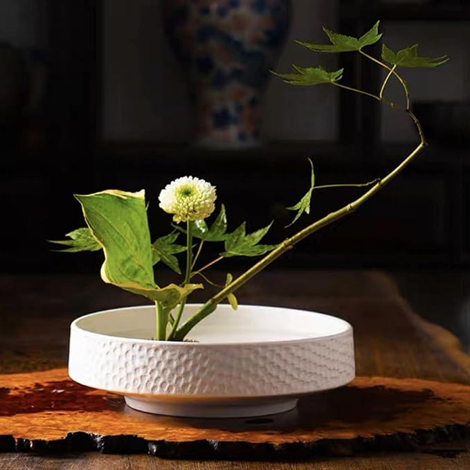 Japanese Ikebana Kit Floral Frog Japanese Flower Arranging Supplies Flower Container with Needle Straightening Tool & Kenzan - 2.4inch Flower Frog, Bowl Vase (White Hammering Pattern)
