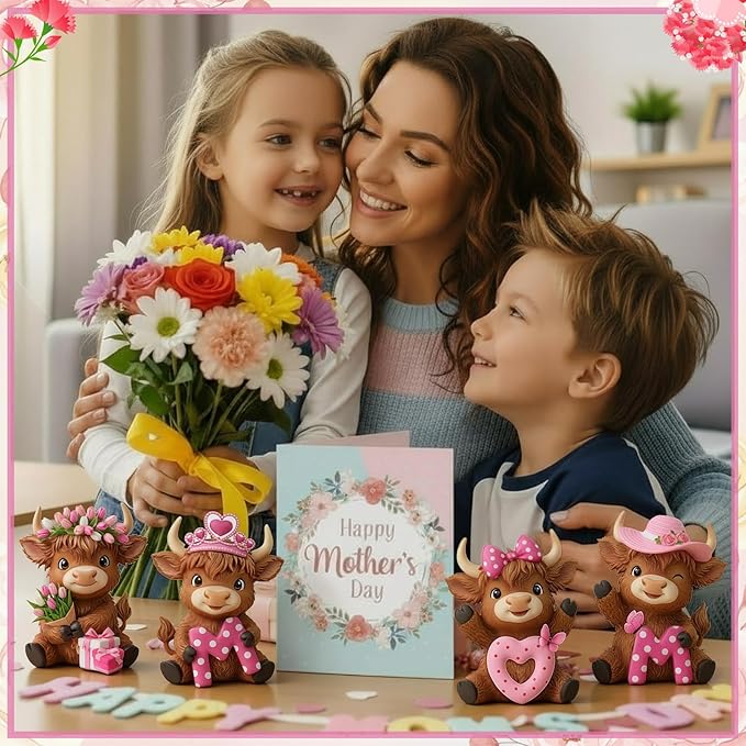Simgoing 4 Pack Mother's Day Highland Cow Figurines Pink Highland Cow Statue Decor for Mom Miniature Cattle Statues Decoration for Mother's Day Tabletop Centerpieces Home Decor Calf Lovers Gifts