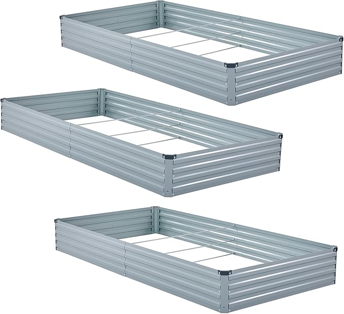Meberam 3 Pack 6x3x1FT Galvanized Raised Garden Bed Kit, Outdoor Metal Planter Box for Vegetables, Bottomless Rectangular Gardening Bed with Support Rods, Tool-Free Assembly, Gray