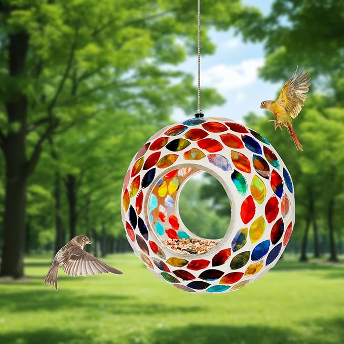 Glass Bird Feeders for Outdoor Hanging, Mosaic Fly Through Wild Bird Feeder Round Shape Birdfeeder for Outside Garden Yard Patio Decoration Red