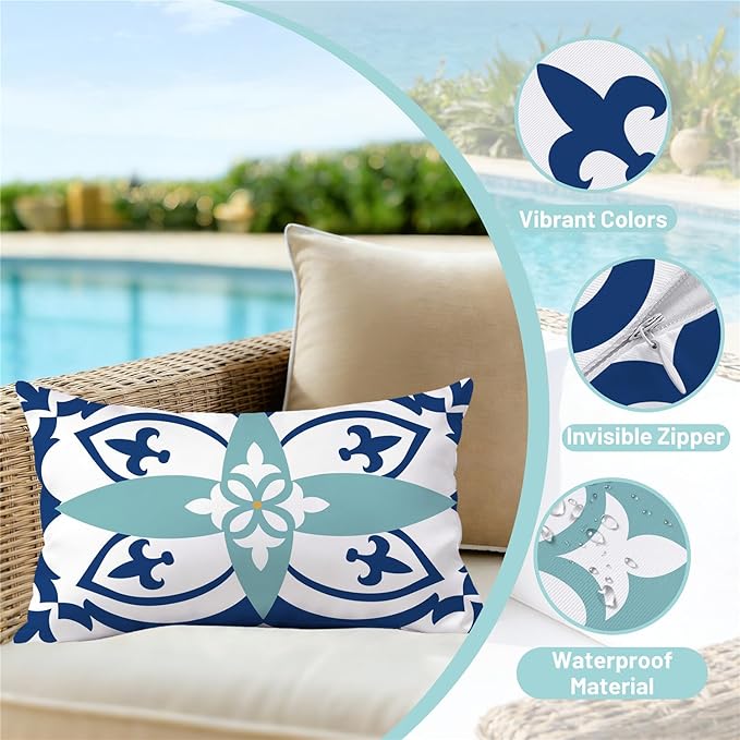 NIGHTWISH Outdoor Waterproof Pillow Covers 12x20 Set of 4 Teal Boho Decorative Outdoor Throw Pillows Floral Cushion Cases for Patio Furniture Bench Couch Sunbrella