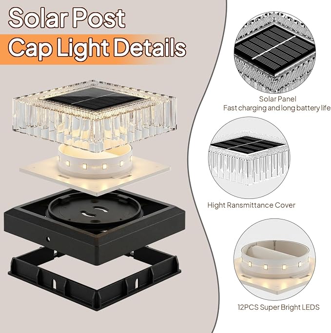 4x4 Solar Post Cap Lights, 4 Pack Fence Post Solar Lights 3000K with Clear Lampshade IP65 Waterproof - Easy Install for Fence Deck Patio Garden Decor - Black