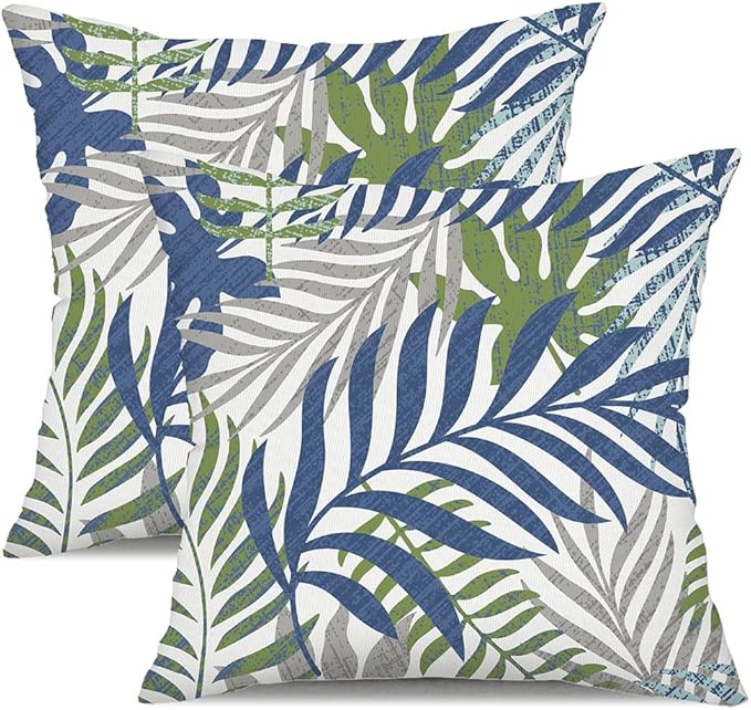 Outdoor Pillow Covers 16x16 Set of 2 Hawaii Tropics Palm Leaves Blue Green Gray Floral Pattern Decoration Pillow Covers for Spring Summer Outdoor Waterproof Garden Patio Sofa Bed Decor JB010-E16