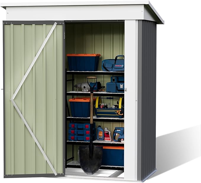 Patiowell 5x3 FT Outdoor Storage Shed with Floor Frame, Small Metal Garden Sheds with Sloping Roof and Lockable Door, Waterproof Patio Tool Shed for Backyard Garden Lawn, Gray