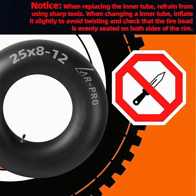 AR-PRO Heavy-Duty 25x8-12 Inner Tubes Universal 25x9-12, 25x10-12 for ATV/UTV, Lawn Tractor, Golf Cart, Snow Blowers, and More - With TR6 Metal Valve Stems - Made from Durable Butyl Rubber (2-Pack)