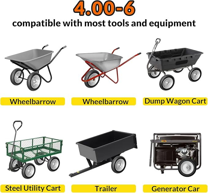 RONPOW 4.00-6 Flat Free Tire and Wheel, 13 Inch Solid Garden Wheelbarrow Tires, 300Lbs with 5/8" & 3/4" Axle Hole, 1"-3.5" Hub for Garden Cart, Wheelbarrow, Hand Truck, for Home Farm, 2Pcs Gray