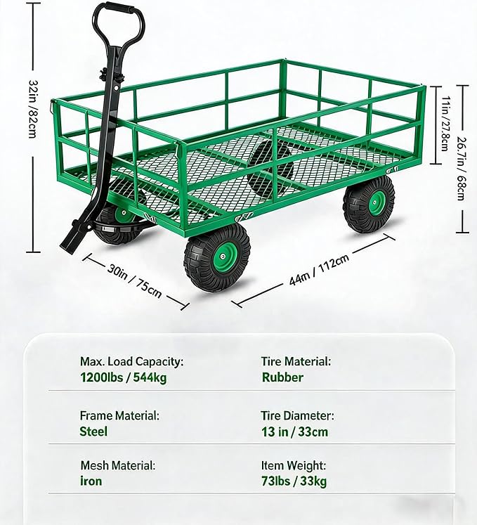GarveeLife Heavy Duty Steel Garden Cart 1200 LBS Capacity 3 in 1 Pullable Garden Wagon with 13 in Wheels for Gardening Soil, Tools, and Plant Transport