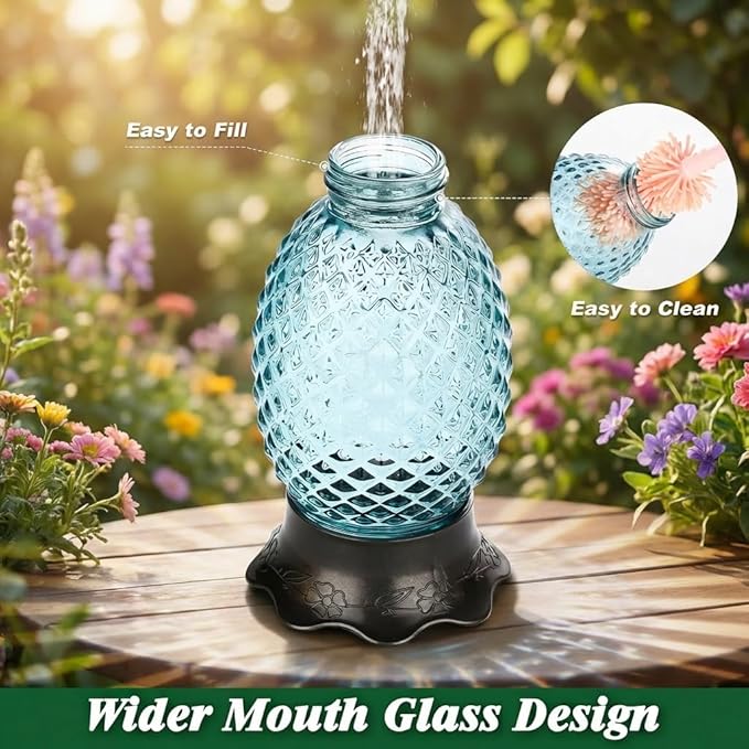 Fchstaer Glass Hummingbird Feeders for Outdoors Hanging Ant and Bee Proof 16OZ 2 Pack Blue Pineapple Humming Bird Feeder with 6 Feeding Ports and Ant Moat Hummingbird Gifts for Women Garden Decor
