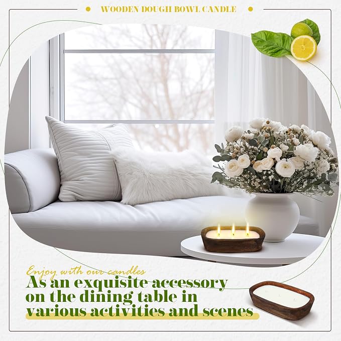 Threlaco 1 Pack 10 Inch Wood Dough Bowl Candles Home Rustic Dough Bowl Soy Candle 3 Wick Scented Candles Gifts for Men Women Farmhouse Table Centerpiece Home Decor for Christmas(Lemon Basil & Citrus)