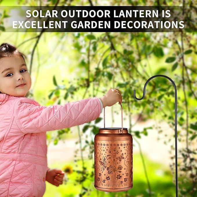 2 Pack Solar Lanterns Outdoor Waterproof, Butterflies Garden Decor Gifts for Women Mom Grandma Hanging Solar Lights Metal Decoration Outside for Yard, Patio