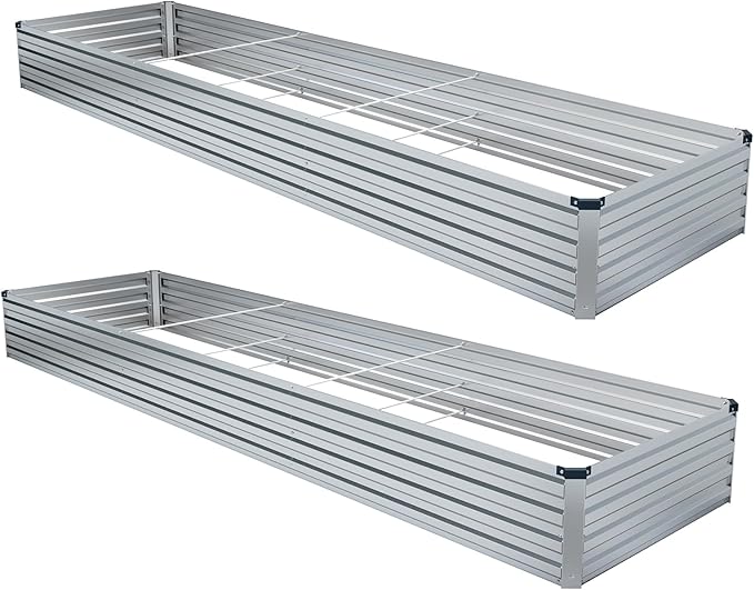 Meberam 2 Pack 12x4x1FT Galvanized Raised Garden Bed Kit, Outdoor Metal Planter Box for Vegetables, Bottomless Rectangular Gardening Bed with Support Rods, Tool-Free Assembly, Silver