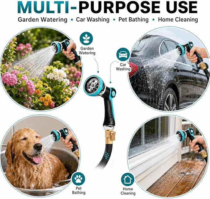 50ft Heavy Duty Garden Hose with Alloy Nozzle & Solid Brass Connectors – Lightweight, No-Kink Flexible Water Hose, 96-Spindle High-Density Weave, 12 Bar Non-Expandable TPE Core for Patio & Lawn