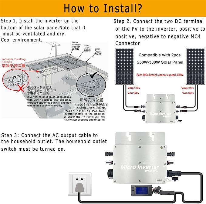 Y&H 600W Solar Grid Tie Micro Inverter with AC Data Monitoring Display Screen Waterproof IP65 MPPT DC28-50V PV Input AC80-160V Output for 24V 36V Solar Panel
