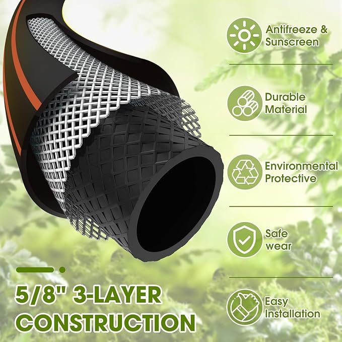 Heavy Duty Garden Hose – 5/8 Inch Flexible Lightweight Hybrid Hose with 600 PSI Burst Pressure, Swivel Handle,All-Weahter Water Hose, Durable Copper Male/Female Fittings (Black, 75FT)