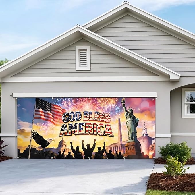 7 * 16FT Eagle flag God Bless The AMERICA Garage Door Cover Decorations Independence Day Garage Door Banner for Outdoor Indoor Patriot Party Photography Backdrop