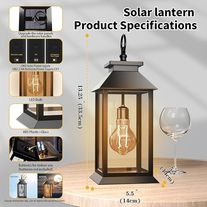 2 Pack Solar Lanterns Outdoor, Hanging Glass Solar Lights Waterproof, Dual Power Solar & 2*AA Battery, for Porch, Patio, Yard and Indoor Table or Mantel