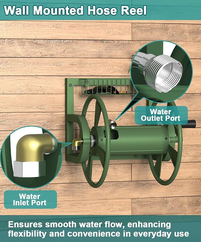 Artigarden Garden Wall Mounted Hose Reel, Outdoor Heavy-Duty Water Hose Holder Winder, Holds 125 Feet of 5/8-Inch Hose, with 3.9 ft Leader Hose, Water Fitting and Storage Basket for Yard, Green
