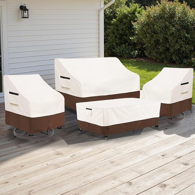 Patio Furniture Covers Set,4-Piece 600D Heavy Duty Waterproof Outdoor Furniture Cover for Patio Swivel Rocker Chairs,Loveseat and Coffee Table,Beige & Brown