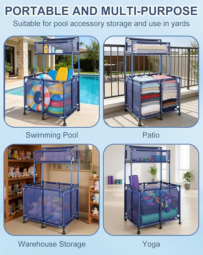 Pool Storage Bin Cart with Noodle Holder, Rolling Pool Storage Organizer Top Shelf Nylon Mesh Basket for Goggles, Floats, Balls and Floats Equipment