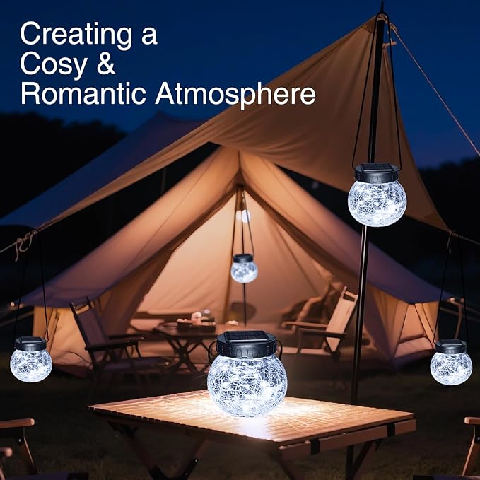 Kolpop Solar Lanterns Outdoor Waterproof 6 Pack, Hanging Solar Lights with 30 LED, Cracked Glass Hanging Globes for Garden Patio Fence Yard Christmas Tree Decoration, Cold White