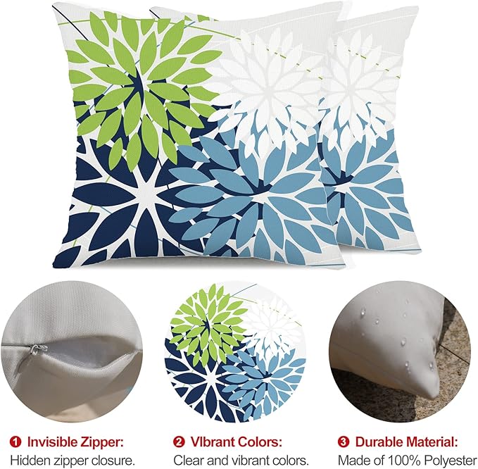 DFXSZ Outdoor Throw Pillow Covers 16x16 Inch Set of 2 Waterproof Spring Summer Geometric Elegant Blue Green Outdoor Pillow Covers for Patio Funiture Garden Couch 158Y16