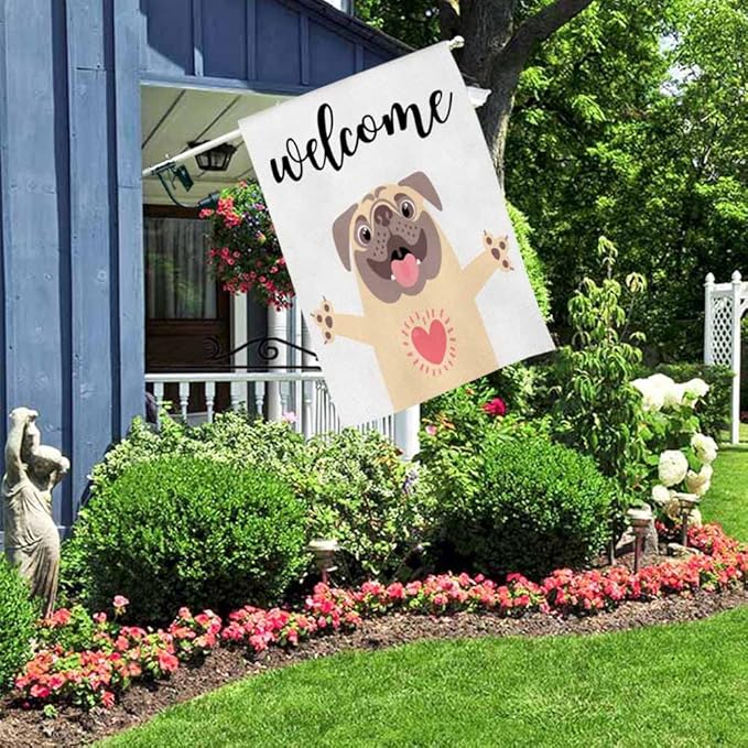 AOYEGO Funny Dog Welcome House Flags 28 x 40 Double Sided Burlap Greeting Cute Dog Sweet Pug Hug Yard Flags Spring Summer Farmhouse Seasonal Outdoor Flag