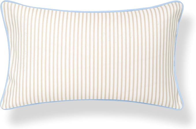 Hofdeco Premium Coastal Hampton Patio Indoor Outdoor Lumbar Pillow Cover Only, 12"x20" Water Repellent for Backyard, Couch, Poolside, Neutral Tan Blue Print Stripes