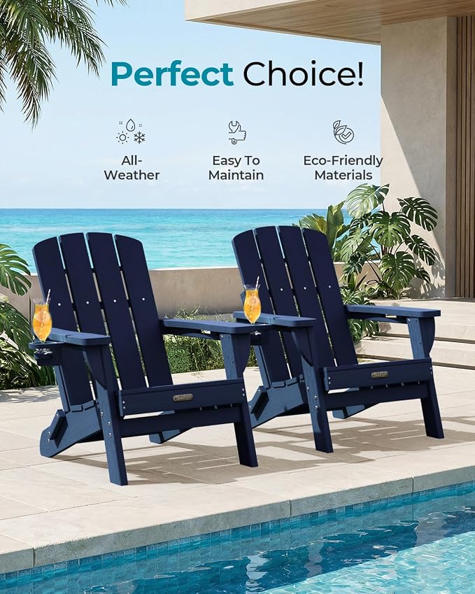 Folding Adirondack Chair Set of 6, HDPE Adirondack Chairs with 2 Cup Holder, Plastic All-Weather Fire Pit Chairs, Outdoor Lawn Chair for Patio Garden (Tibetan Blue)