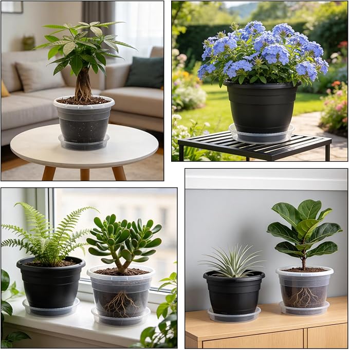 RooTrimmer 8 Inch Nursery Pots Set of 10 with Drainage Holes and Saucers,Plant Pots for Indoor Outdoor Plants,Orchid Pots for Repotting Flowers Herbs Succulents(Black)