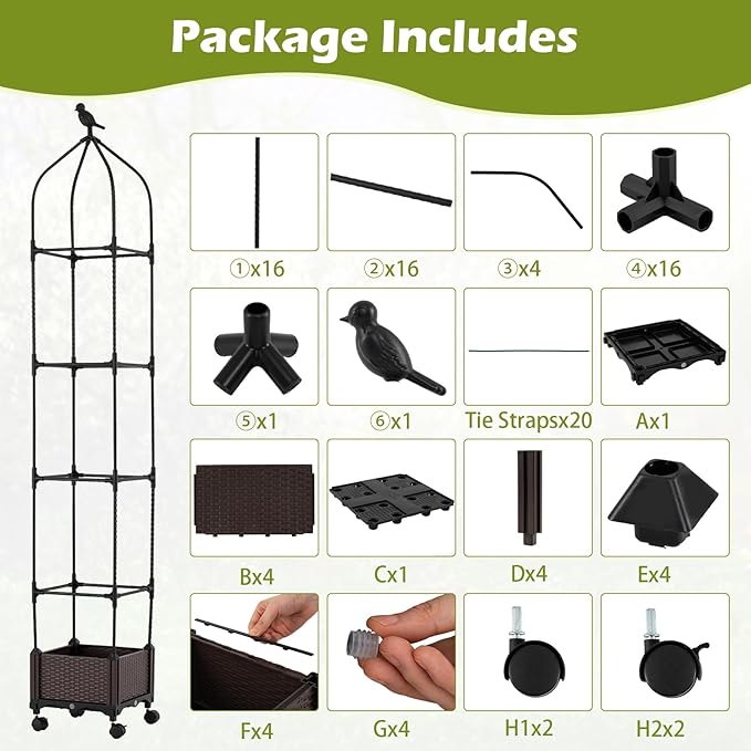 HAPPYGRILL Raised Garden Bed with Trellis, Self-Watering Tomato Cages, 83” 67” 51” Adjustable Height, Indoor Outdoor Obelisk Planter Box w/Trellis & Wheels for Climbing Plants Vines Fruits (2)