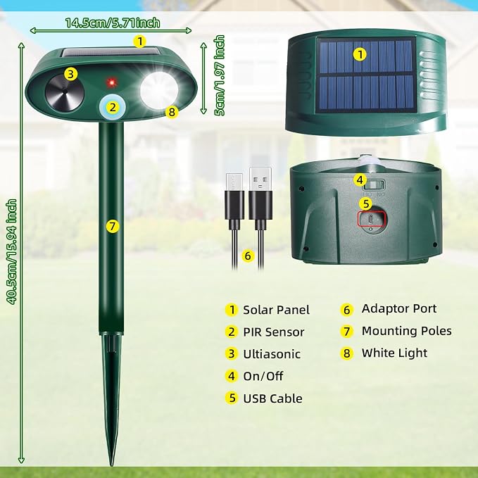 2026 Upgraded Sonic Fortress Pro Deer Repellent Devices,2Pack Solar Ultrasonic Animal Repellenwith Motion Sensor&Flash Light,USB Rechargeable Cat Repellent Scare Squirrel Rabbit Out of Garden Yard
