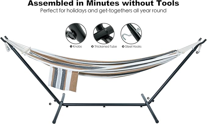 GAFETE Double Hammock with Stand for Outside, Upgraded Spreader Bar, Heavy Duty Space Saving Steel Stand 2 Person, Convenient Pockets, Easy Assembly, 600lbs Weight Capacity, Indoor & Outdoor (Coffee)