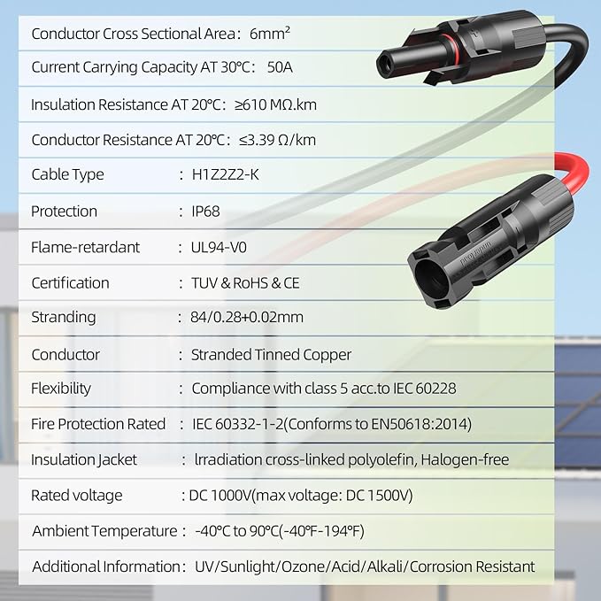 100FT 10AWG Solar Extension Cable, 10 Gauge Solar Panel Wire with Waterpproof Female and Male Connectors for Outdoor RV, Off-Grid Photovoltaic Systems(Black+Red)