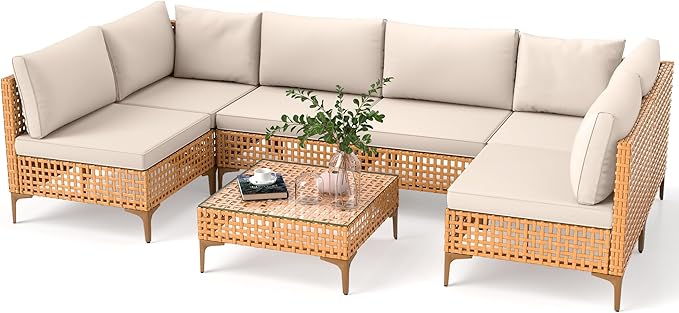 DWVO 7 Pieces Patio Furniture Set, PE Rattan Wicker Patio Conversation Set for Patio Backyard Poolside Porch, Outdoor Sectional Sofa with Coffee Table & Cushions