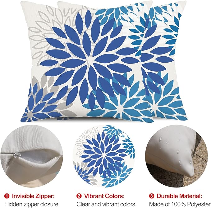 DFXSZ Blue Flower Pillow Covers 18x18 Inch Set of 2 Dark and Light Blue Colored Pillow Farmhouse Outdoor Waterproof Decor for Patio Funiture Garden Summer Floral Square Polyester Pillow Covers 002E18