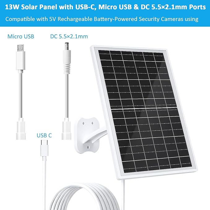 FUTUREZEN 13W Solar Panel for Security Cameras & Trail Cameras, USB-C, Micro USB & 5.5x2.1mm DC Output, IP66 Waterproof, 360° Adjustable Mount, 7.2FT Cable