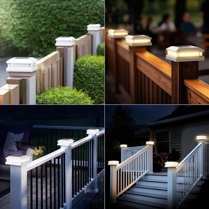 4x4 Solar Post Cap Lights Outdoor 16 Packs for 5x5 Vinyl/Wooden Posts, Waterproof Solar Powered Fence Cap Light with Warm/Cool Lighting, White 16LEDs Deck Caps Lights for Yard, Garden, Patio