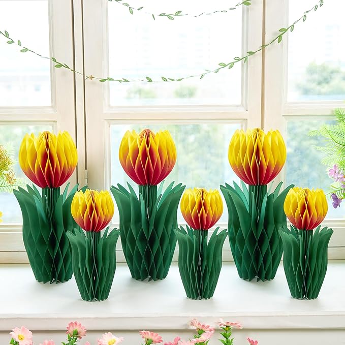 OBBOLO 6 Pcs Tulip Honeycomb Decorations, Spring Decorations for Office, Spring Table Decor, Tulip Party Decorations, Spring Centerpieces for Tables for Mothers Day Spring Party, Womens Day