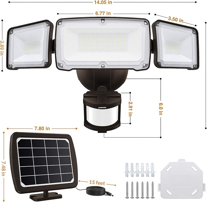 LEPOWER 1600LM LED Solar Security Lights Motion Outdoor, 5500K White Light, IP65 Waterproof Outside Flood Solar Light for Yard, Garage(Brown)