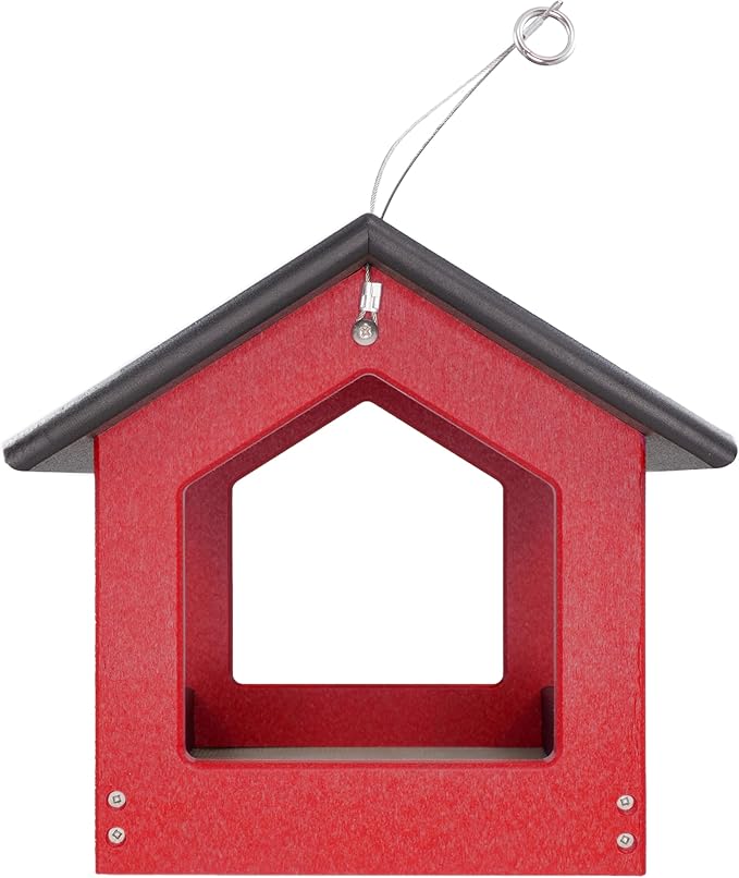 DutchCrafters Amish USA Made Recycled Plastic Large Hanging Modern Fly Through Covered Roof Open Platform Tray Bird Feeder for Outdoors, Garden, Yard (Black & Red)