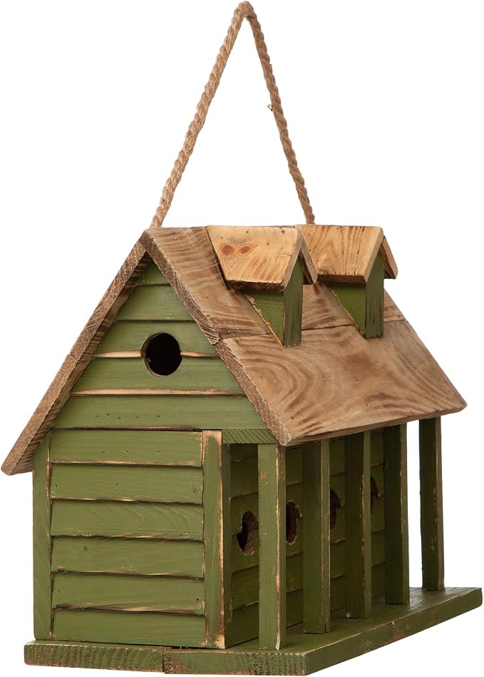 Glitzhome 14.25" L Wood Hanging Birdhouse for Outdoors Oversized Distressed Cottage Bird House Rustic Painted Bird House for Bluebird Wren Chickadee Sparrow Bird Nest Box for Garden Patio, Green