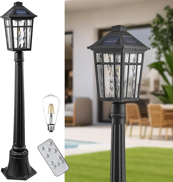 Solar Lamp Post Light 40.5 Inch Lamp Post Outdoor Lighting Waterproof Aluminum Material with Water Ripple Glass Black Solar Pillar Lights for Garden Lawn and Pathway