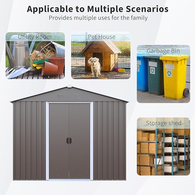 8x4 FT Outdoor Metal Storage Shed with Window, Galvanized Steel Garden Shed, Lockable Sliding Door, Sloped Roof, Ventilated Tool Storage House with Foundation Kit for Backyard Lawn, Gray